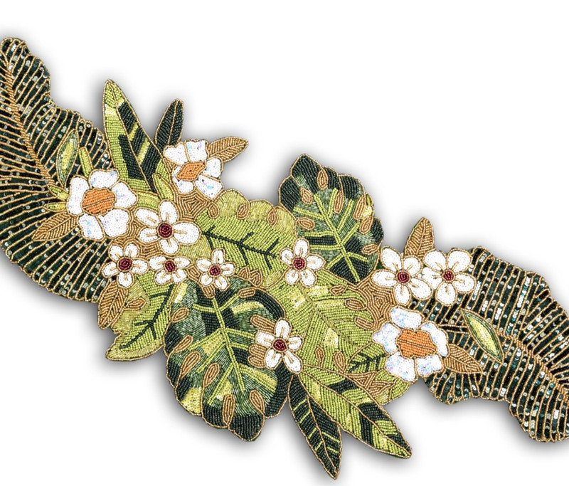 Handmade Beaded Table Runner Green Leaves Table Runner Luxury Tableware 13X36 In gallery