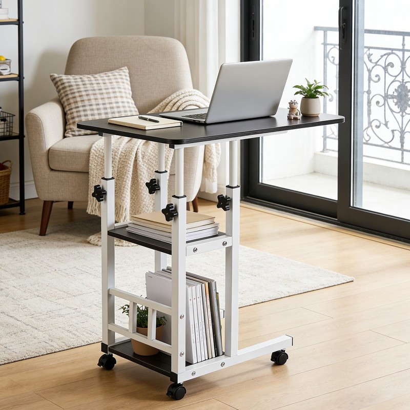 Height Adjustable C Table on Wheels with Storage Shelves Sofa End Table gallery
