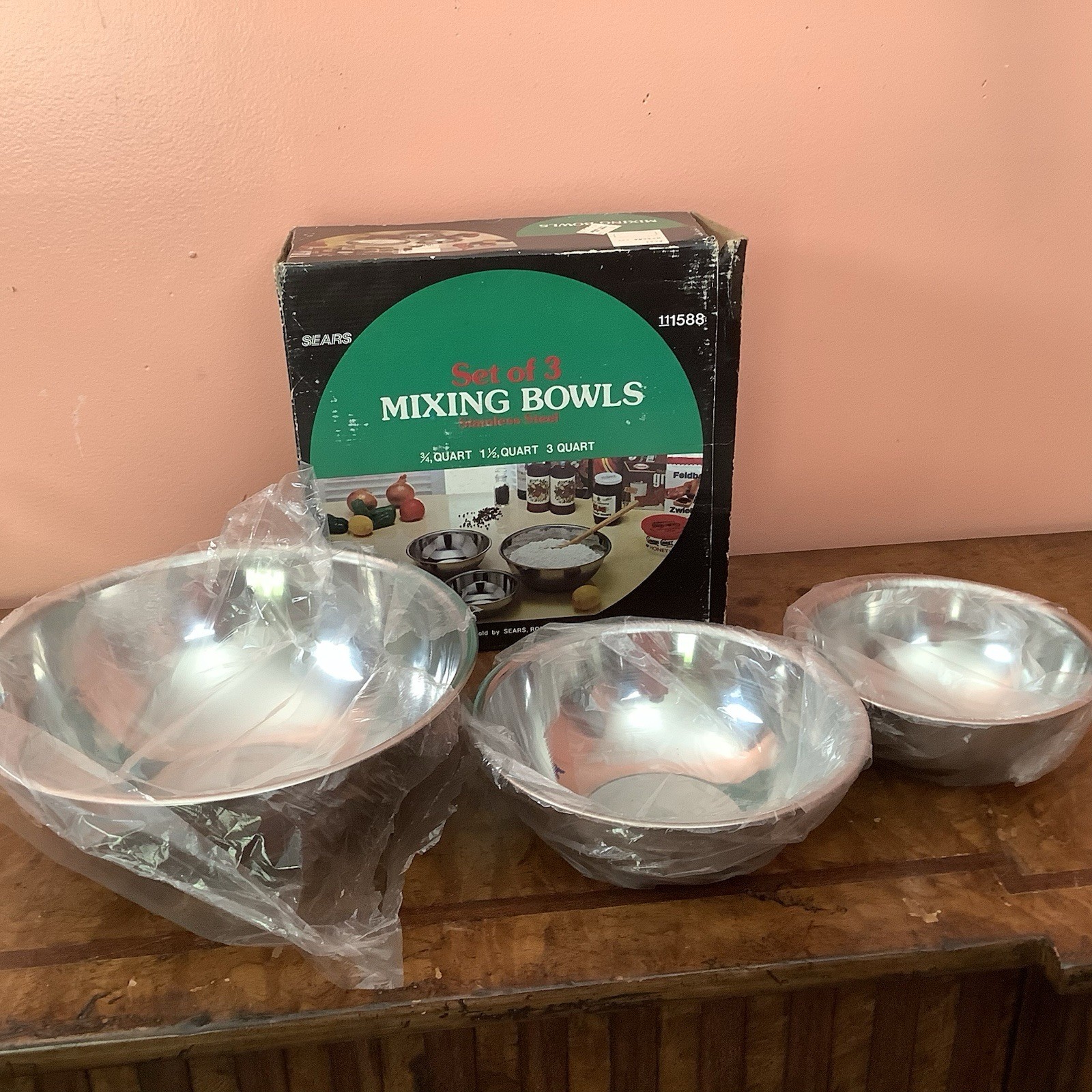 Vintage Sears Stainless Steel Round Mixing Bowl 3 Piece Set 3/4qt, 1 1/2qt. 3qt gallery