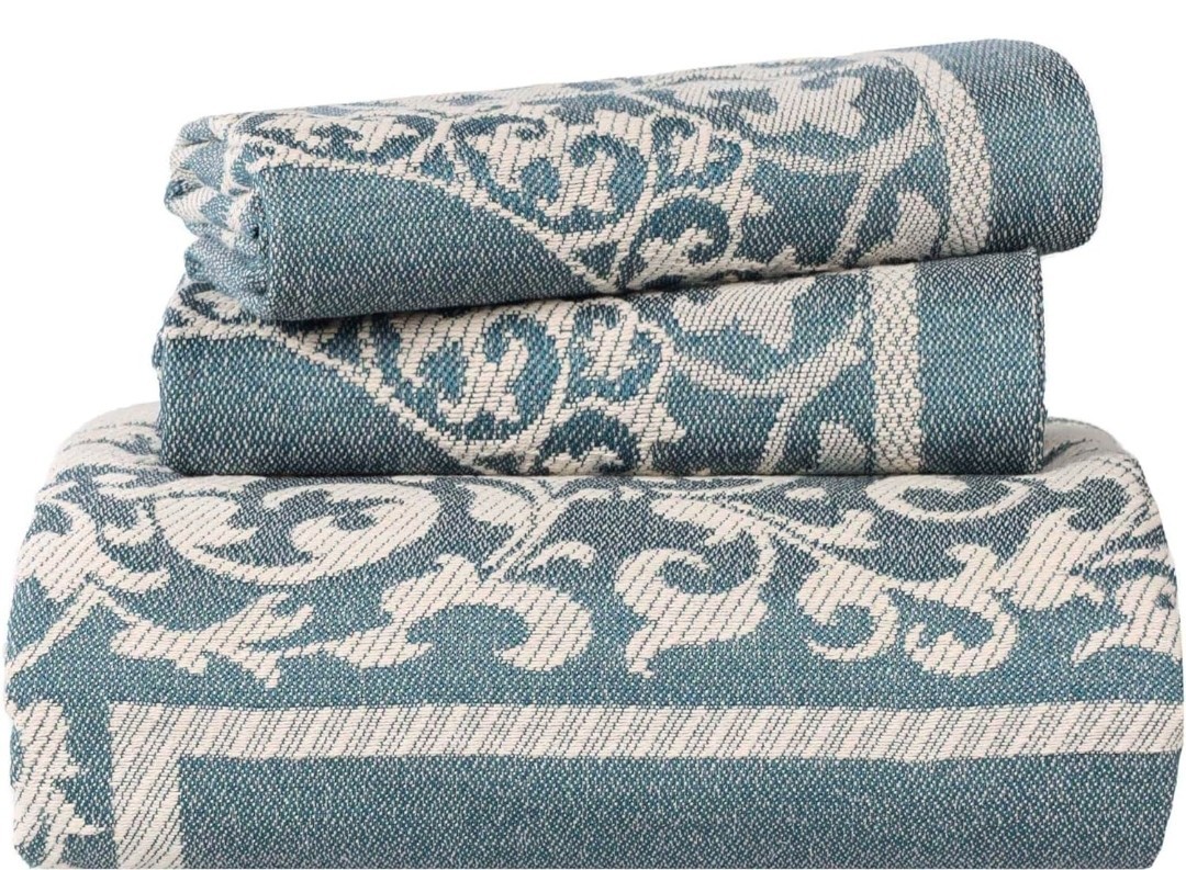 Cotton Blend Bedspread Set 2 Piece Jacquard Vintage Floral Cerulean Blue Twin gallery