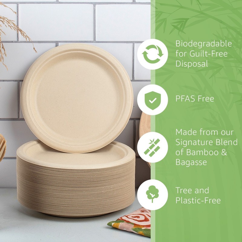 Ibambo Bamboo Disposable Paper Plates - 9 Inch, 500 Pack, Compostable Plates gallery