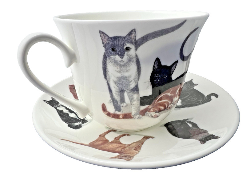 CATS GALORE , BONE CHINA BREAKFAST CUP SAUCER, KIRKHAM MADE ENGLAND NEW UNUSED gallery