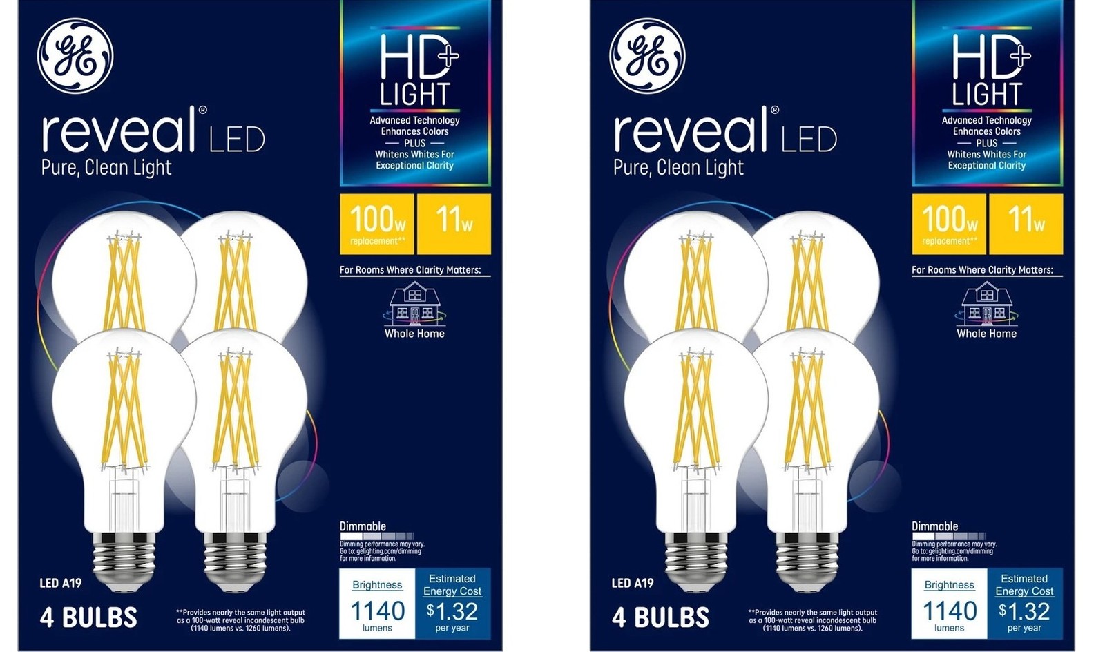 GE reveal LED A19, 100 watt equivalent, 11 watts 1140 lumens, HD Light, gallery