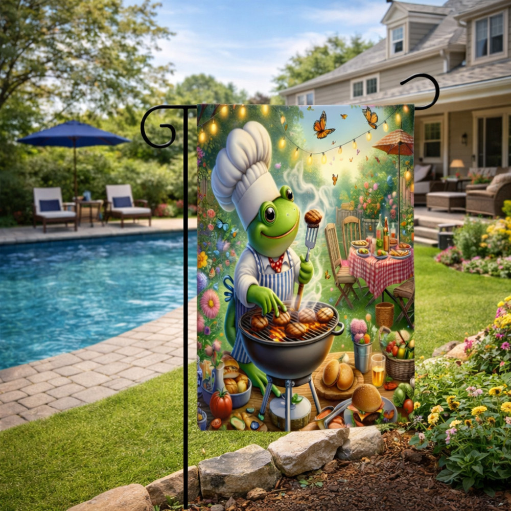 Funny BBQ Frog Welcome Garden Flag Backyard Party Summer Cookout Decor 12x18 New