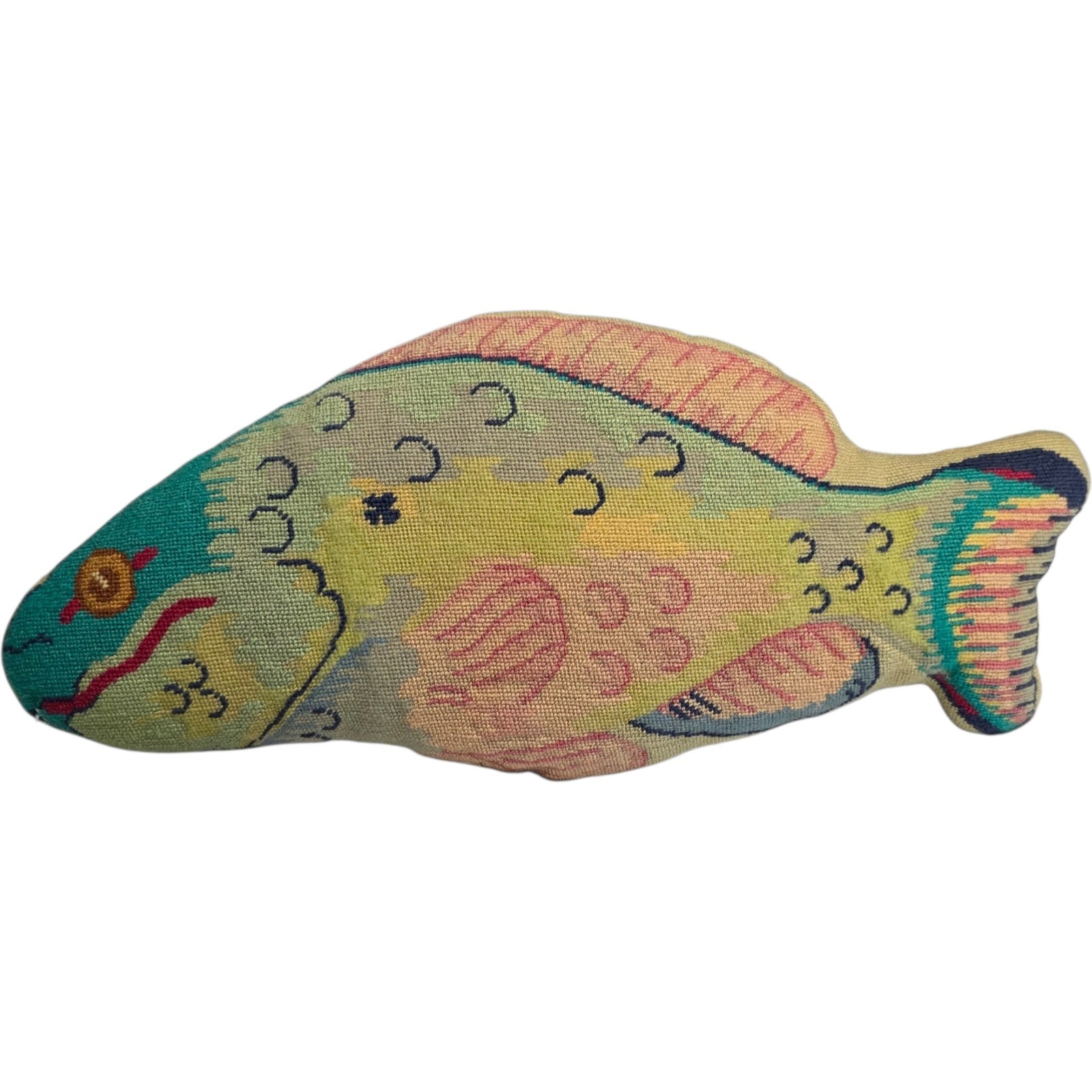 Vintage Fish Shaped Needlepoint Throw Pillow 21x9 Coastal Beach Cottage Decor gallery