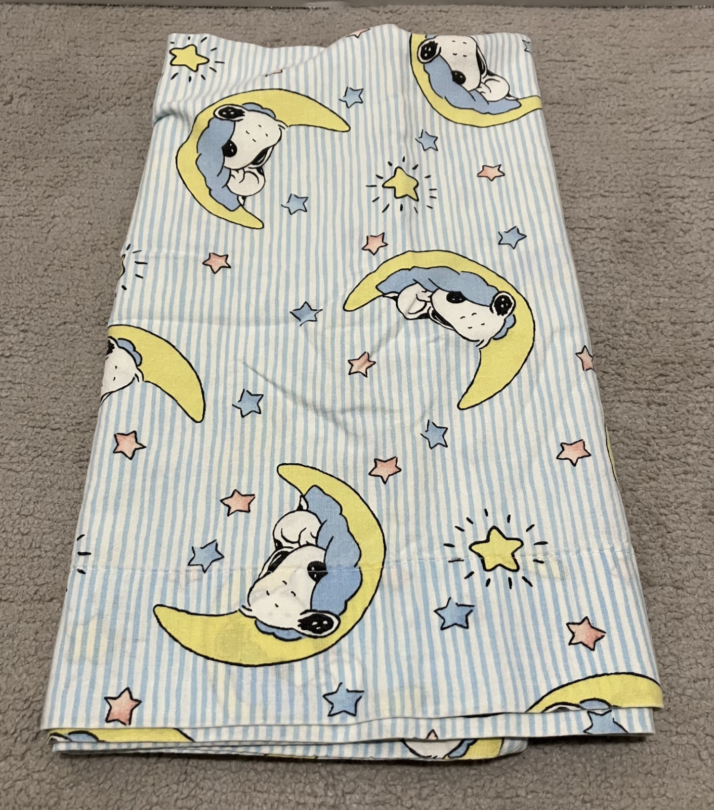 Handmade Snoopy Pillowcase Moon & Stars Blue Yellow Stripe Cotton 26x21 gallery