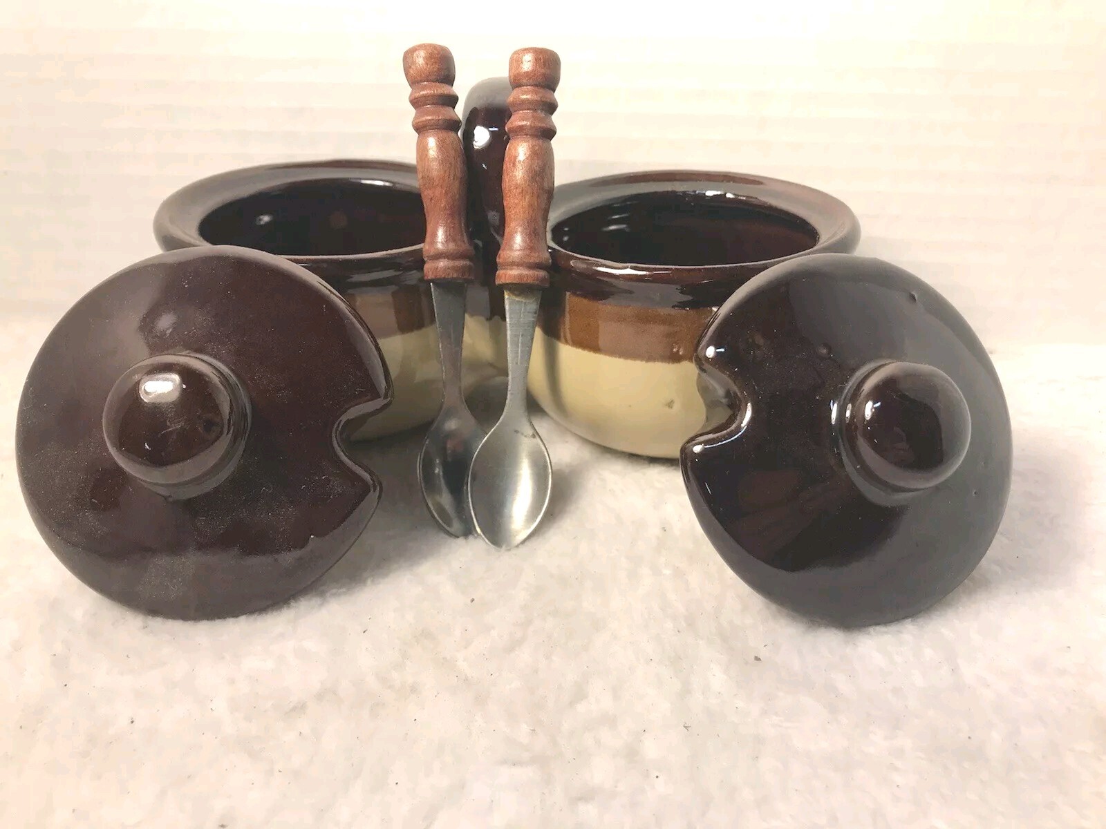 Vtg Double Bowl Stoneware Condiment Server With Lids And Spoons gallery