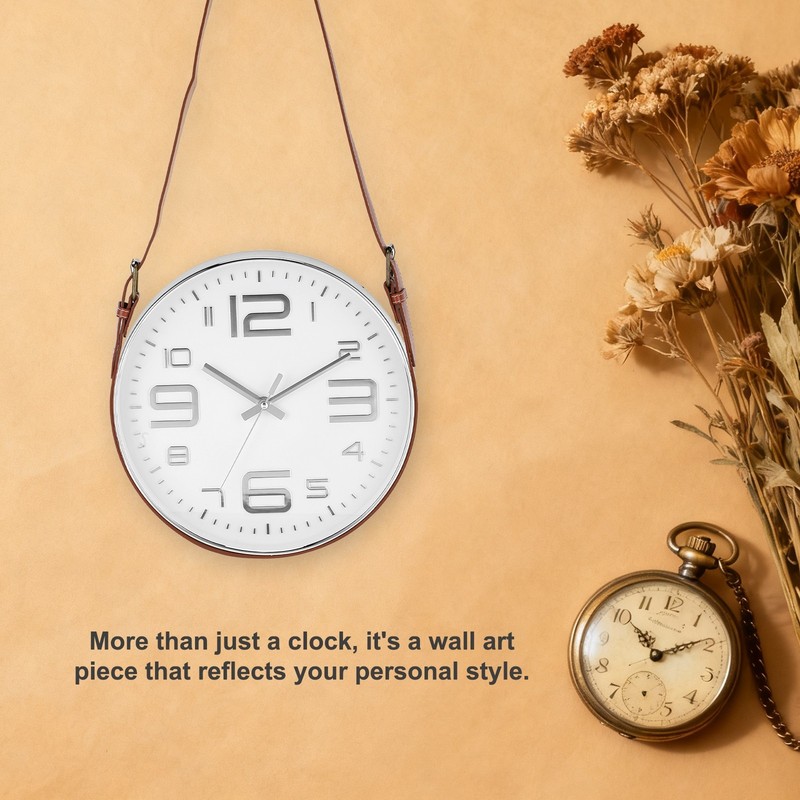 Industrial Wall Clock with Leather Strap 12" Large Numerals Style Silver/Brown gallery