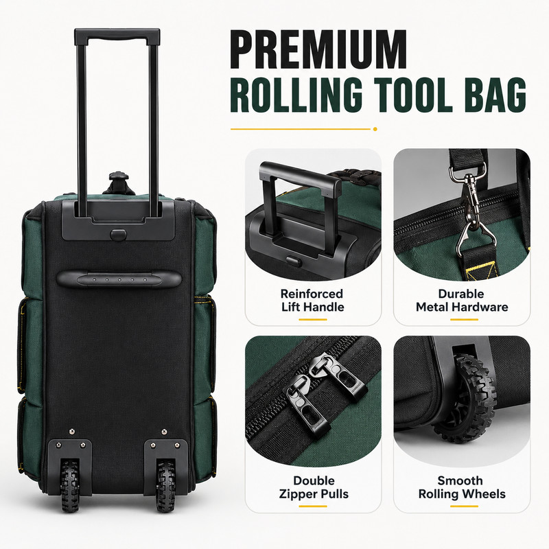 22 Inch Rolling Tool Bag with Wheels Telescopic Handle Heavy Duty 15 Pockets Bag gallery