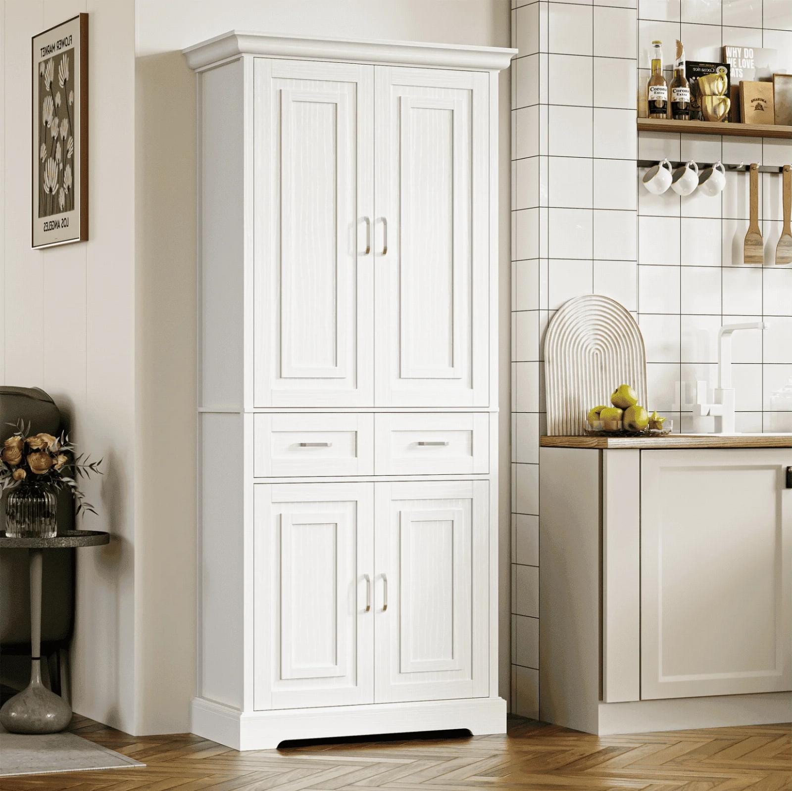 Modern Tall White Pantry Cabinet Storage Cupboard 5 Shelf 2 Drawer MDF Organizer gallery