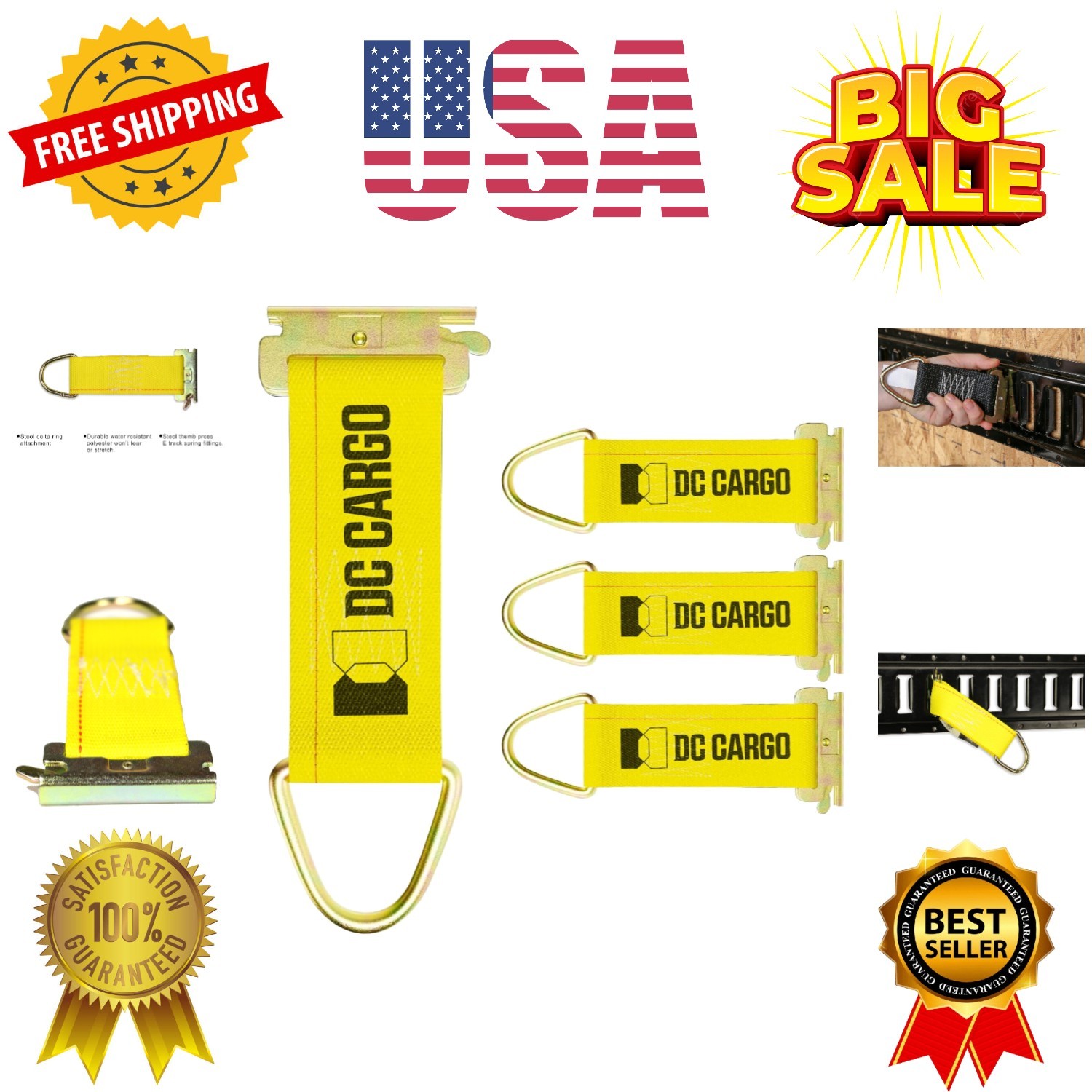 E-Track Rope Tie-Offs, 2" x 6" Tie Down Straps - 4 Pack, with D Ring 3000Lbs ... gallery