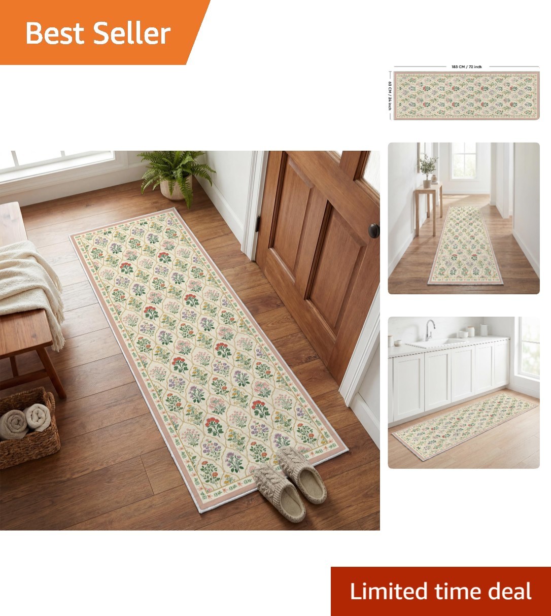 Unique Beige Floral Runner Rug - Machine Washable 2x6ft for Warm Home Decor gallery