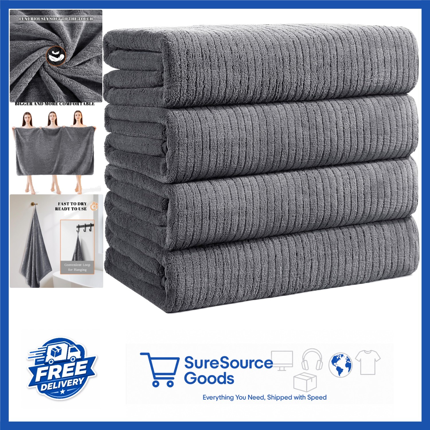 4 Piece Bath Towels Set Grey Ultra Soft Microfiber 35 x 70 Inches Quick Dry gallery