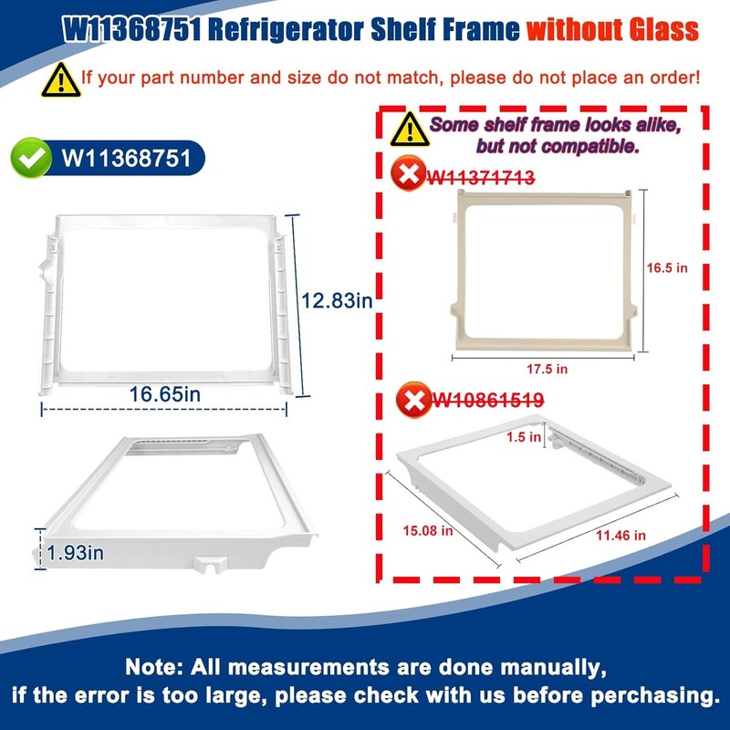W11368751, W10905531 Refrigerator Shelf Frame(no glass) Compatible with white gallery