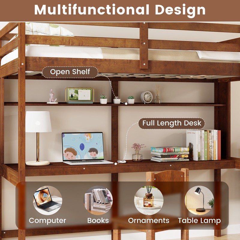 Twin Solid Wood Loft Bed Frame w/ Storage Shelf Ladder Desk Storage Shelf gallery