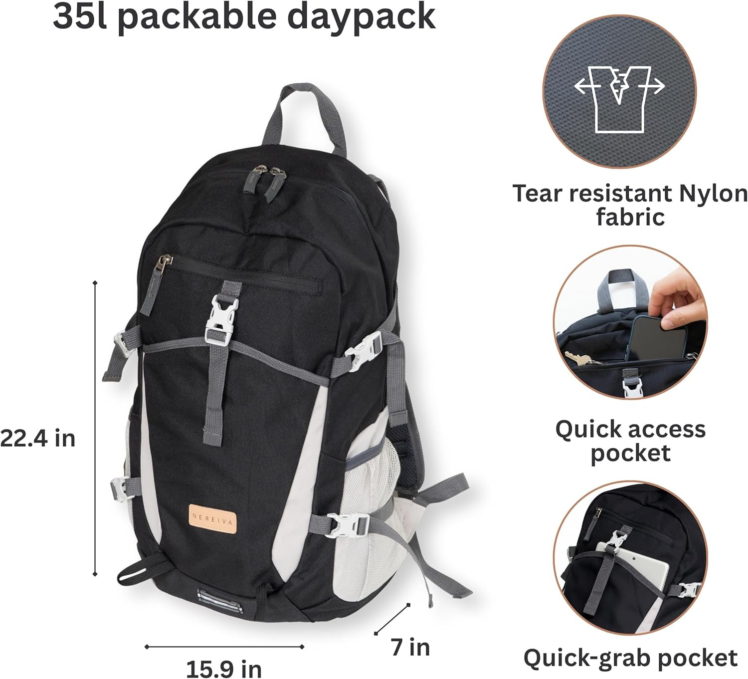 Foldable Backpack with Rain Cover - Multiple Pockets - Waterproof Lightweight Pa 2