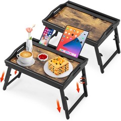 2 Pack Bed Tray Table with Adjustable Legs Breakfast Trays Serving Tray Bambo…
