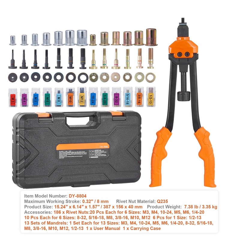 Rivet Nut Tool 16in Rivnut Tool Kit 13 PCS Mandrels and 186 PCS Rivet Nuts gallery