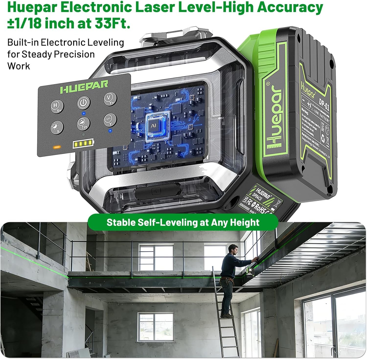 4x360° Green Cross Line Laser Level, ±1/18" Accuracy, 2Pcs Rechargeable Battery gallery