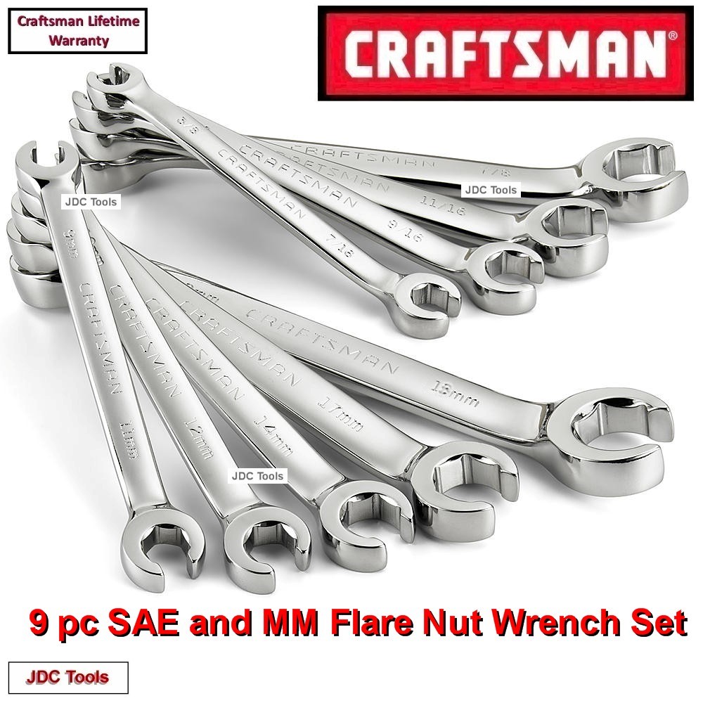 CRAFTSMAN TOOLS 9 PC POLISHED FLARE NUT WRENCH SET SAE 3/8-7/8in MM 9-18mm 5 10 gallery