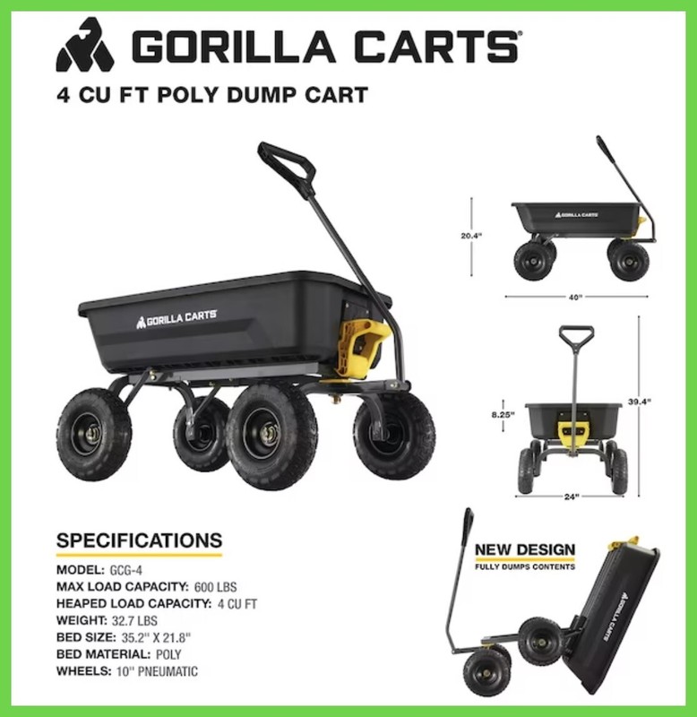 GORILLA CARTS Poly Garden Dump Garden Cart 4 cu. ft. 600 lb W/ Pneumatic Tires gallery