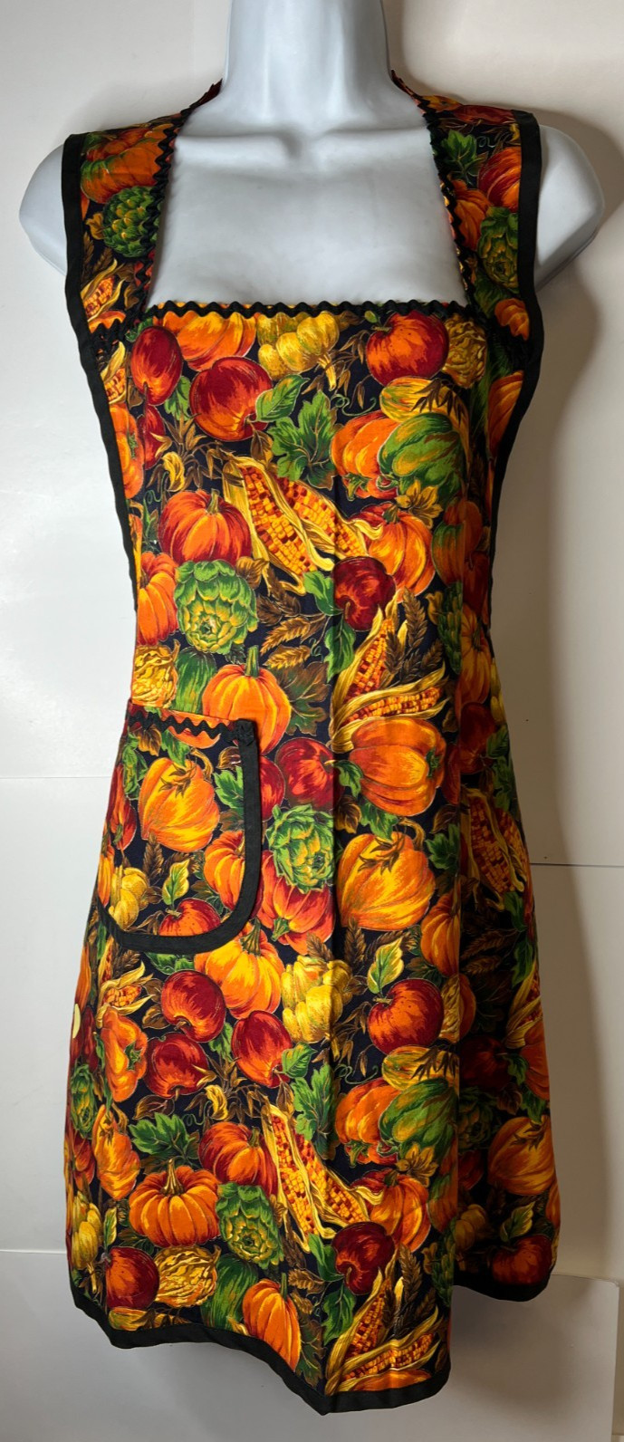 Vintage Fall Bib Apron Pumpkins Apples Leaves Autumn Colors Pocket gallery