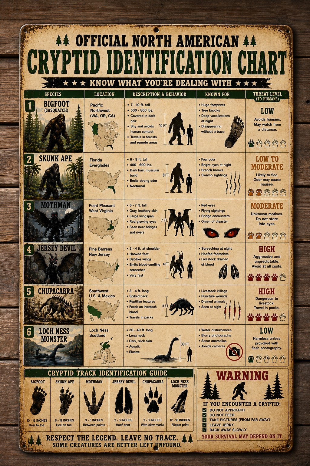 Funny Cryptid Identification Chart 8x12 Metal Sign Bigfoot Mothman Chupacabra gallery