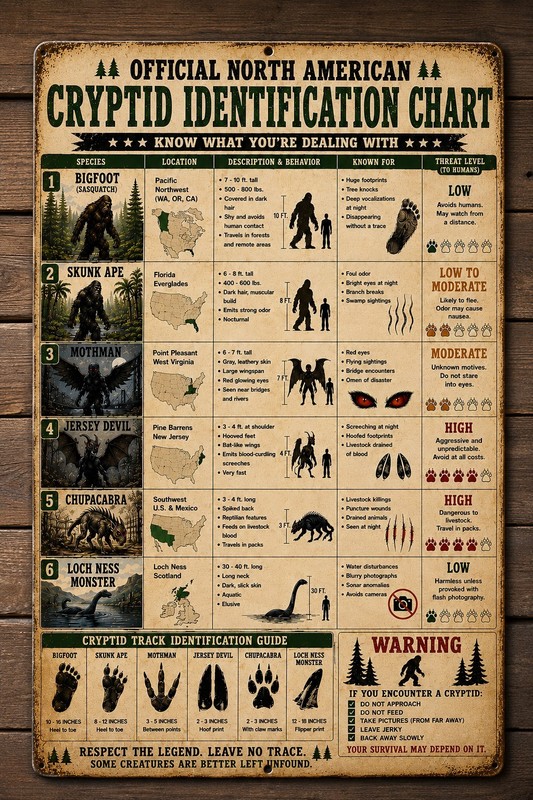 Funny Cryptid Identification Chart 8x12 Metal Sign Bigfoot Mothman Chupacabra gallery