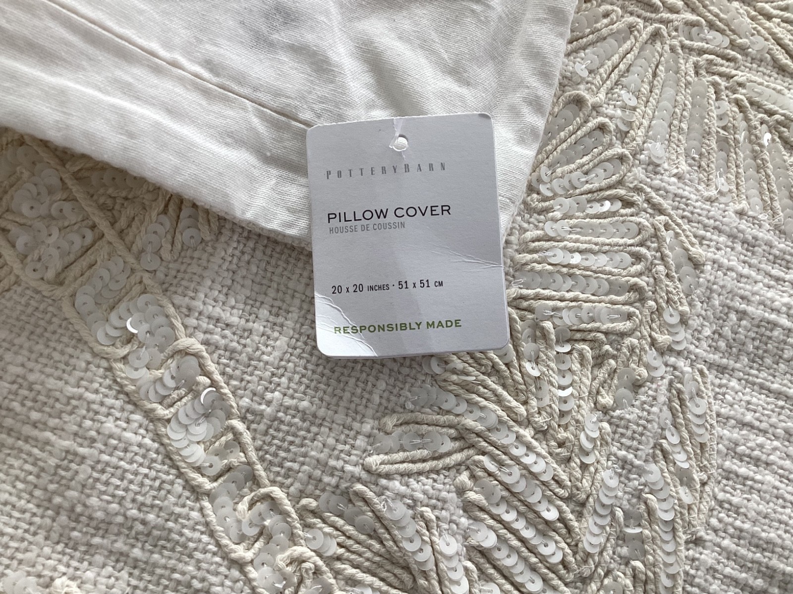 Pottery Barn Palm Leaf Embroidered Pillow ~ 20” SQ White ivory neutral gallery