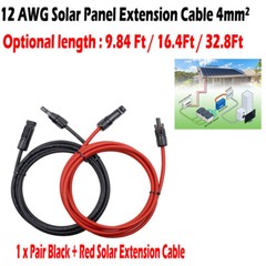 12 AWG 4mm² Solar Panel Extension Cable PV Wire Solar Connector Pair Black & Red