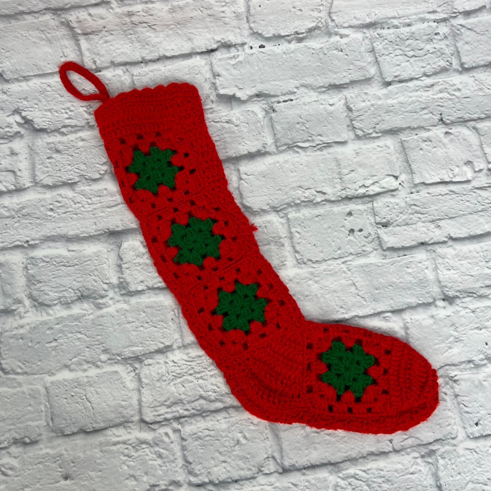 Christmas Stocking Granny Square Handmade Red Green Crochet Knit gallery