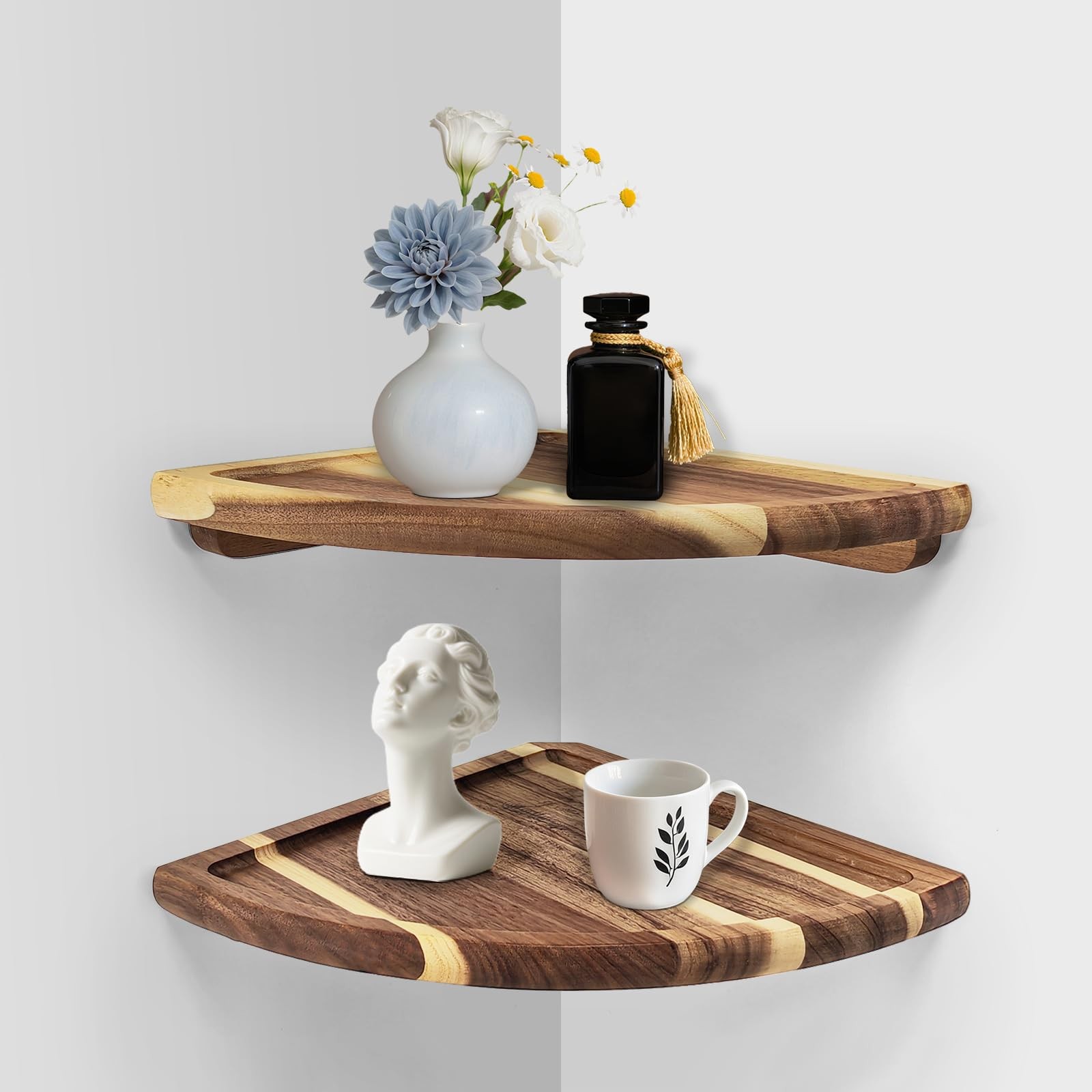 Floating Corner Shelve, 10 Inch Acacia Wood Corner Shelf Set of 2, Corner She... gallery