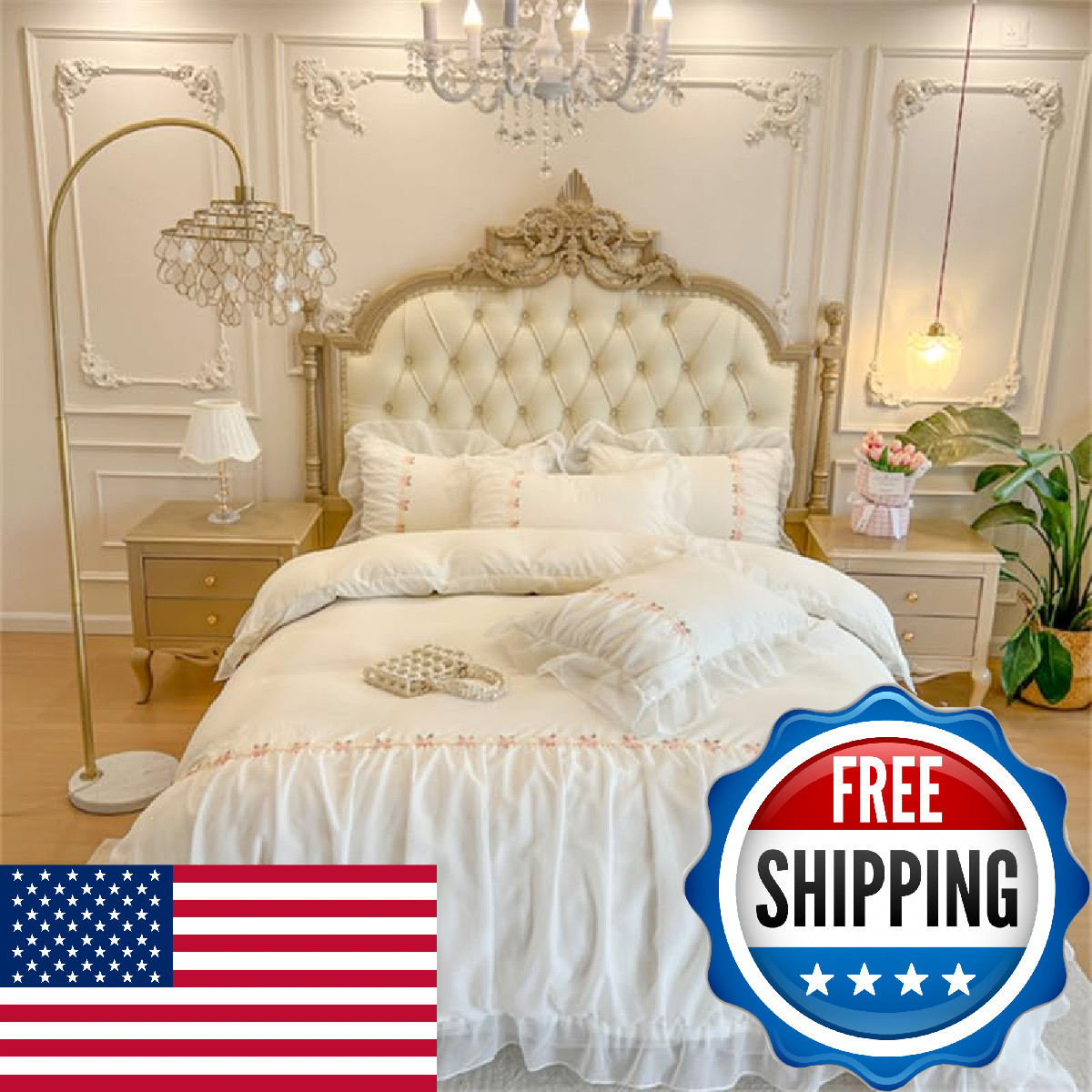 Moowoo Chic Ruffle Lace Full Duvet Cover Set-Princess Girl Bedding-3 Piece gallery