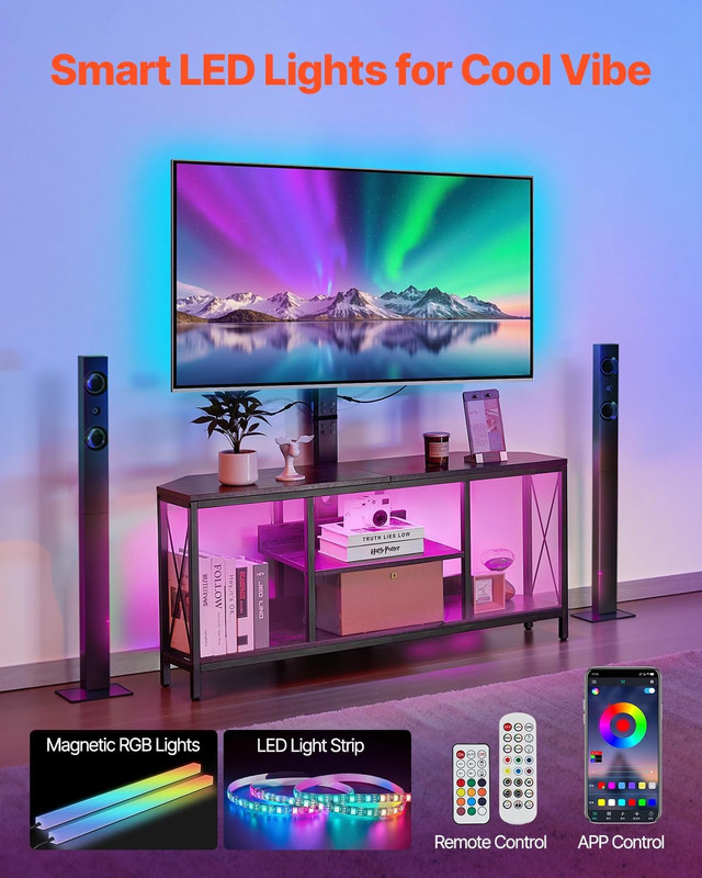 Stylish 45" TV Stand with Mount, Power Outlet & LED Lights, 3-Tier Storage gallery