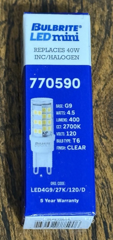 5 Pack- Bulbrite 770590 LED Mini Bulb 4.5W=40W 120V T4 2-Pin G9 Base Clear 27K gallery