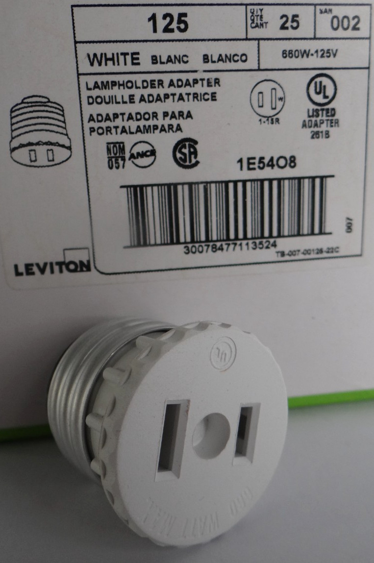 Lampholder Adapter Leviton 125 Light Socket Outlet Plug White 660W-125V Qty 1 gallery