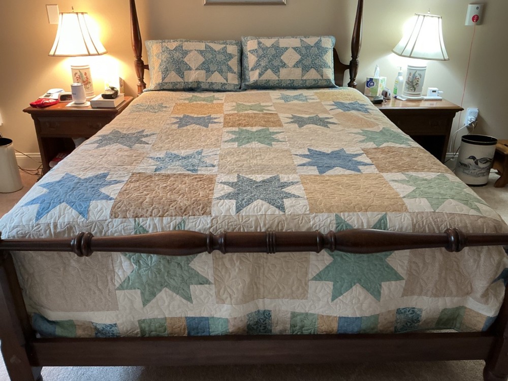 Queen Size Handmade Patchwork Quilt with Blue and Green Stars and Two Shams