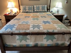 Queen Size Handmade Patchwork Quilt with Blue and Green Stars and Two Shams