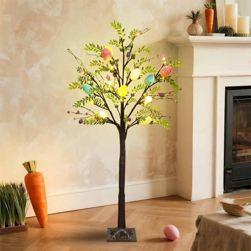4FT Lighted Easter Tree with Timer, Pre-Lit Artificial Egg Trees with Co gallery