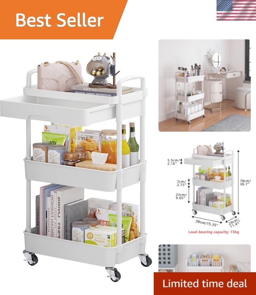 3-Tier Rolling Utility Cart with Drawer,Multifunctional Storage Organizer wit... gallery