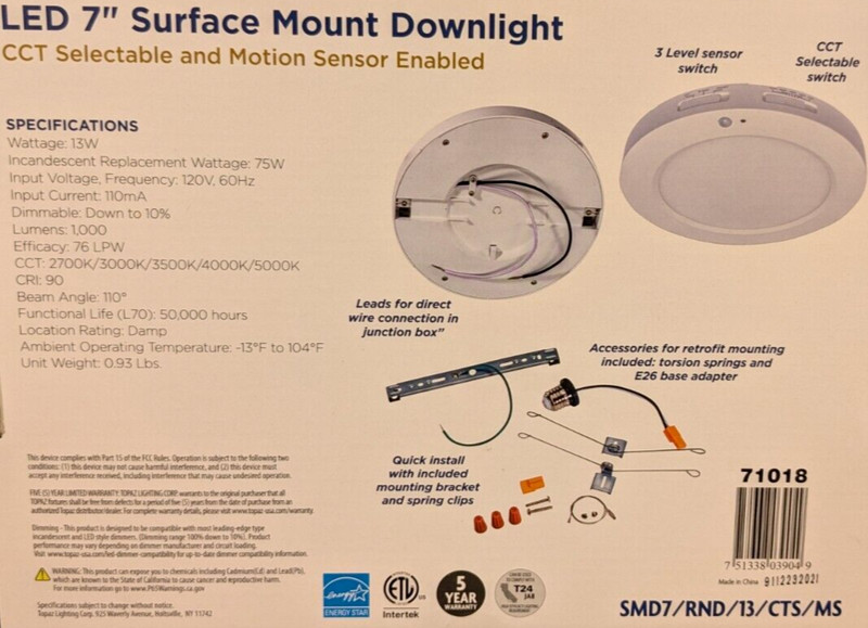 TOPAZ 7" LED SURFACE MOUNT ROUND DOWNLIGHT FIXTURE CCT SELECT MOTION SENSOR SMD7 gallery