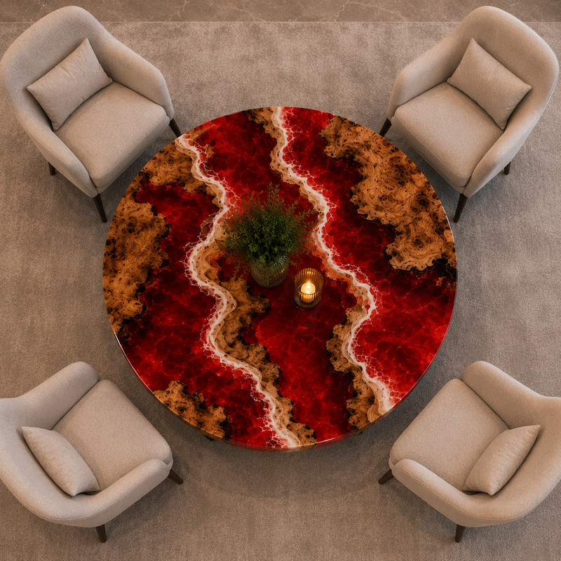 Red Epoxy Resin Round Table Handmade Solid River Wood Custom Hallway Furniture gallery