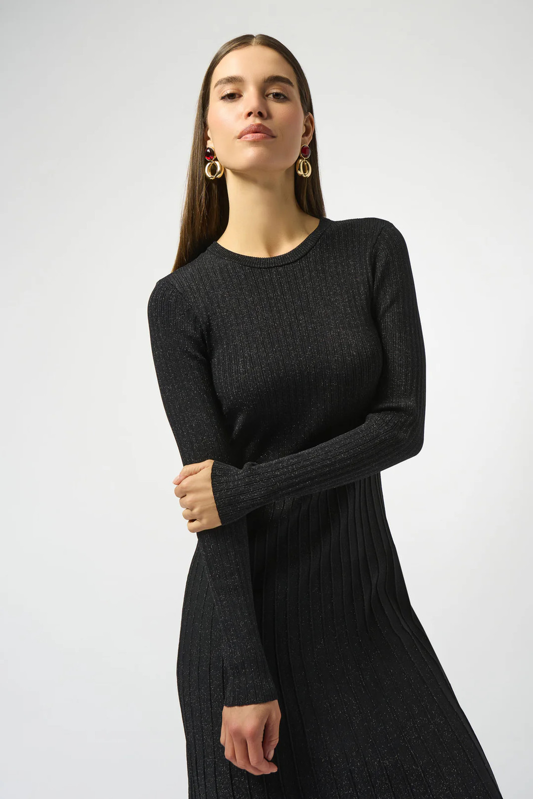 Joseph Ribkoff Black Crew Neck Long Sleeve Fit and Flare Dress 253987 gallery