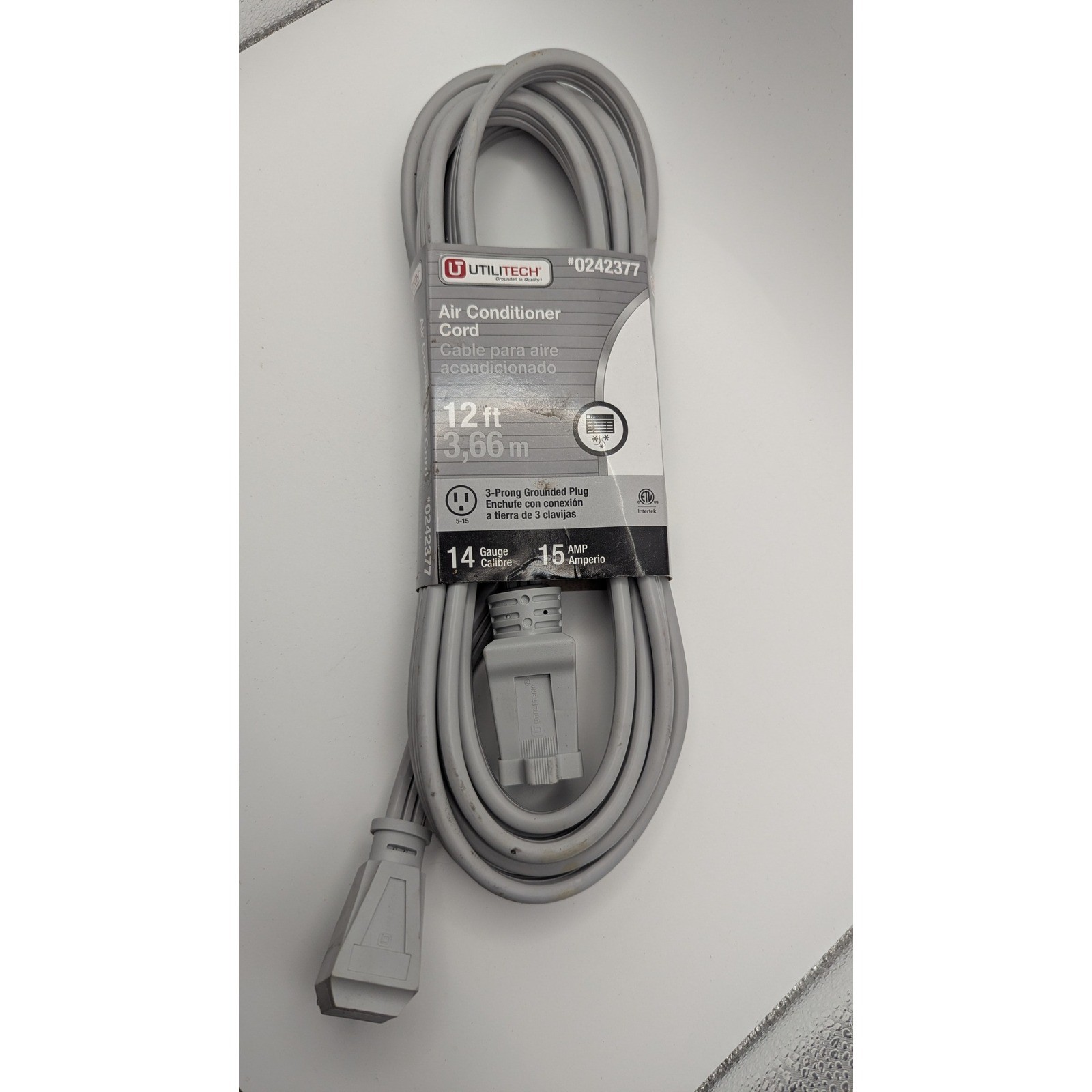 Utilitech 12ft Air Conditioner Extension Cord 14 Gauge 15 Amp Gray 0242377 NEW gallery