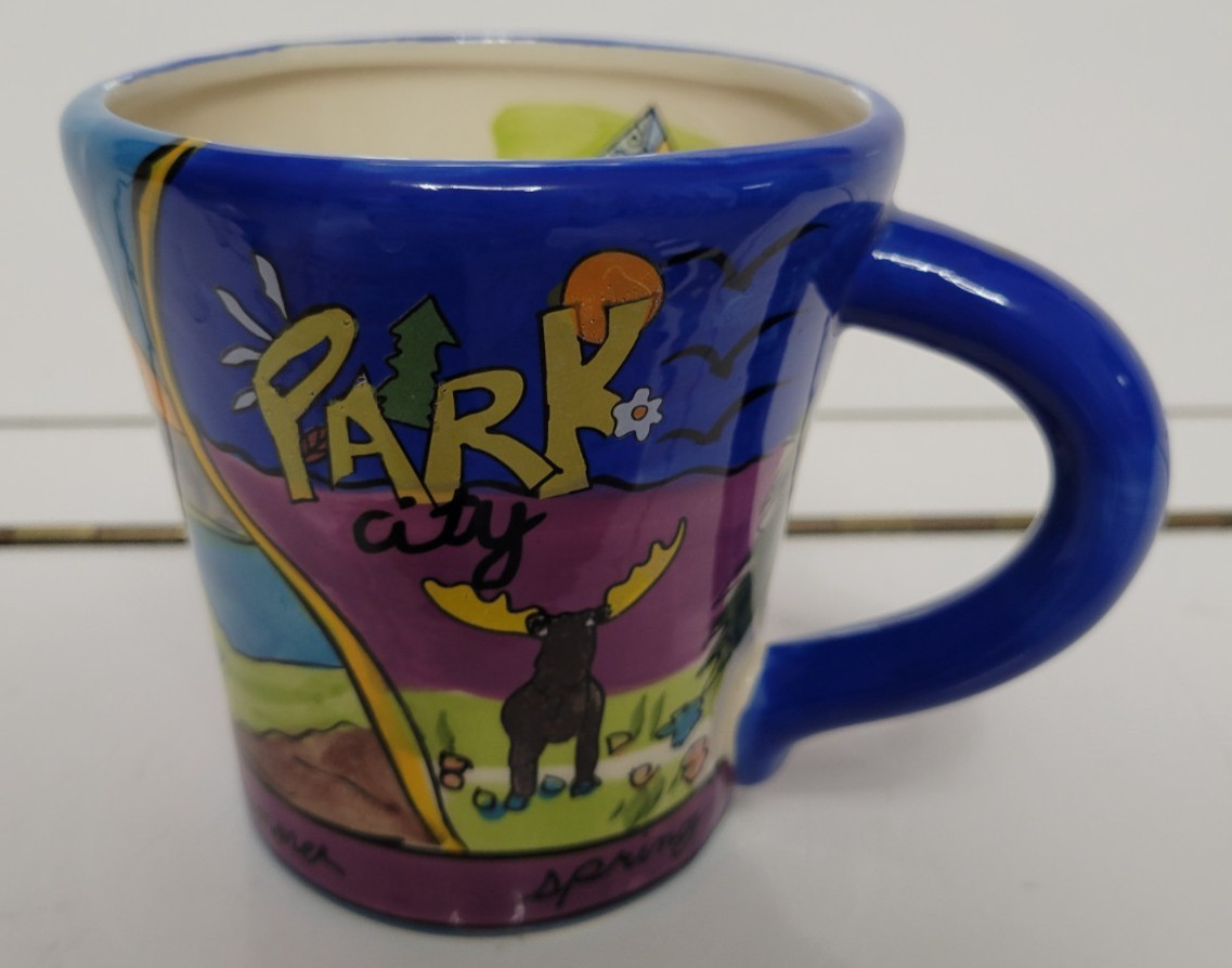 BLUE CERAMIC HANDPAINTED COFFEE MUG WINTER SPRING SUMMER FALL IN THE PARK gallery