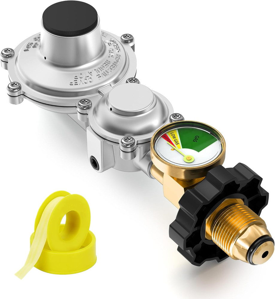Two Stage Propane Regulator with Gauge, RV Gas Regulator with POL Inlet X 3/8" F