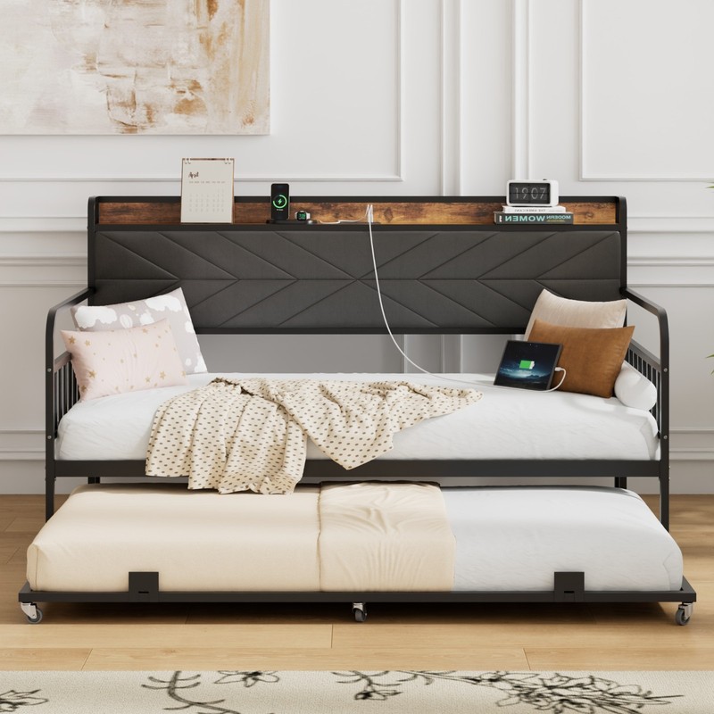 Vecelo Daybed Frame Metal Sofa Bed with Trundle and Charging Station for Bedroom gallery