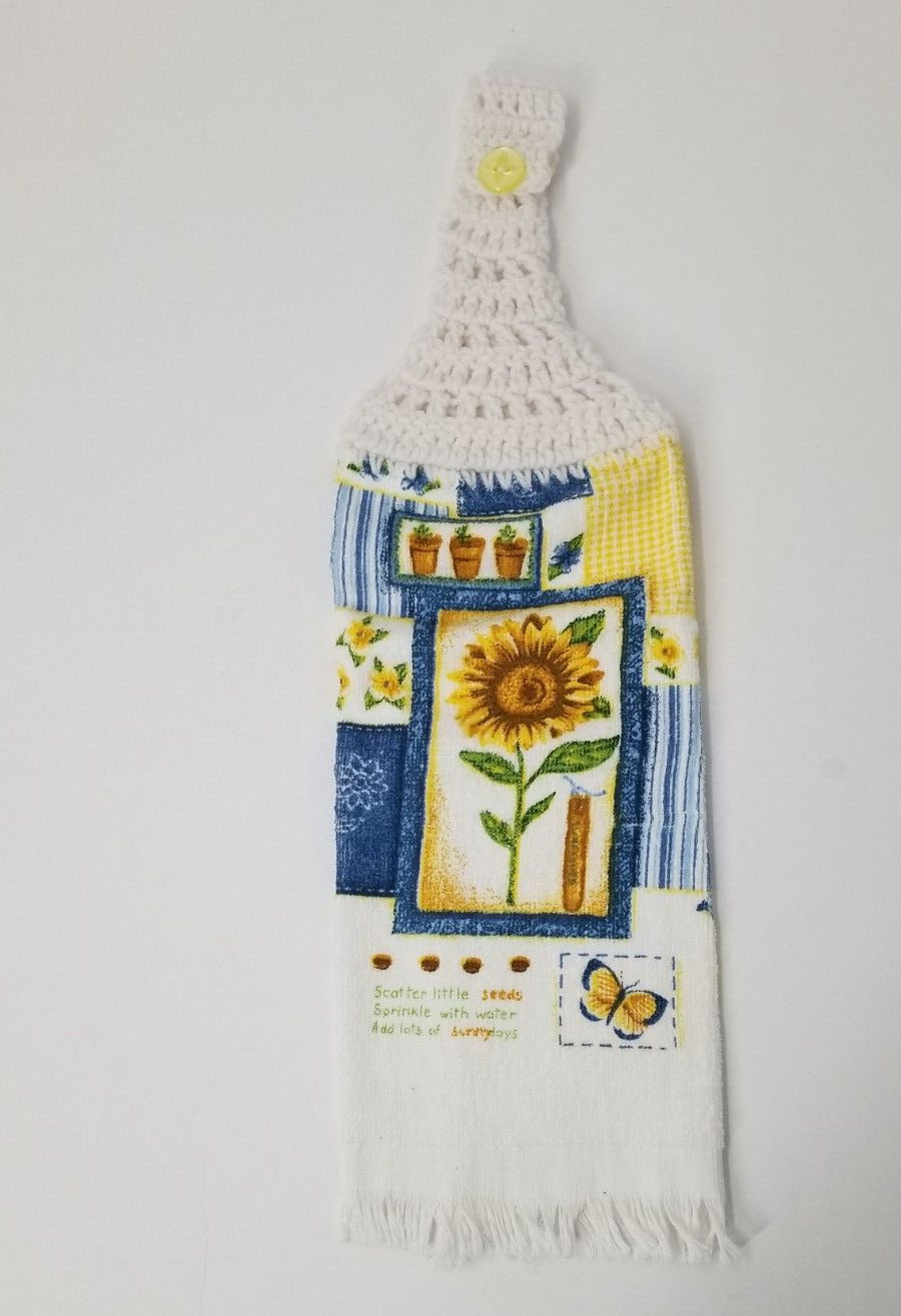 HANGING KITCHEN TOWEL WHITE CROCHETED TOP: Sunflower Blue Yellow Button gallery