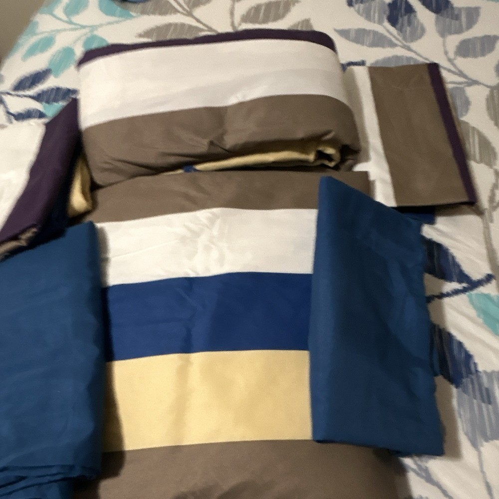 Queen Sheet Set with Pillowcases, Striped Blue Gray White Tan
