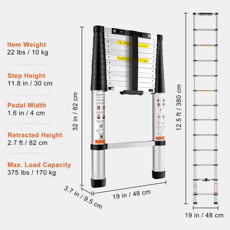 KFFKFF Extendable Ladder, 12.5 FT Aluminum, 375 LBS, Portable Versatile Compact gallery
